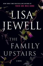 Boekomslag van 'The Family Upstairs' van Lisa Jewell, met donkergroene ranken en een verwelkte paarse bloem tegen een donkere achtergrond.
