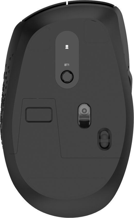 Onderkant van een zwarte muis met sensor en knoppen.