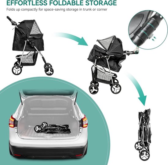 Homewell Opvouwbare huisdierwagen met bekerhouder, hondenwagen en kattenwagen, licht en comfortabel, met veiligheidsgordel, ademend, opbergruimte, tot 20 kg (zwart