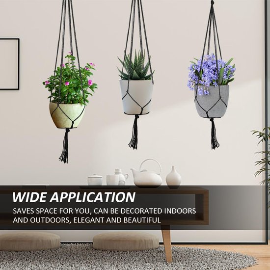 6 Stuks Kanten Hangmanden Met Haken – Katoenen Touw Bloempotmand Voor Binnen En Buiten (zwart, 60/80/100 Cm)