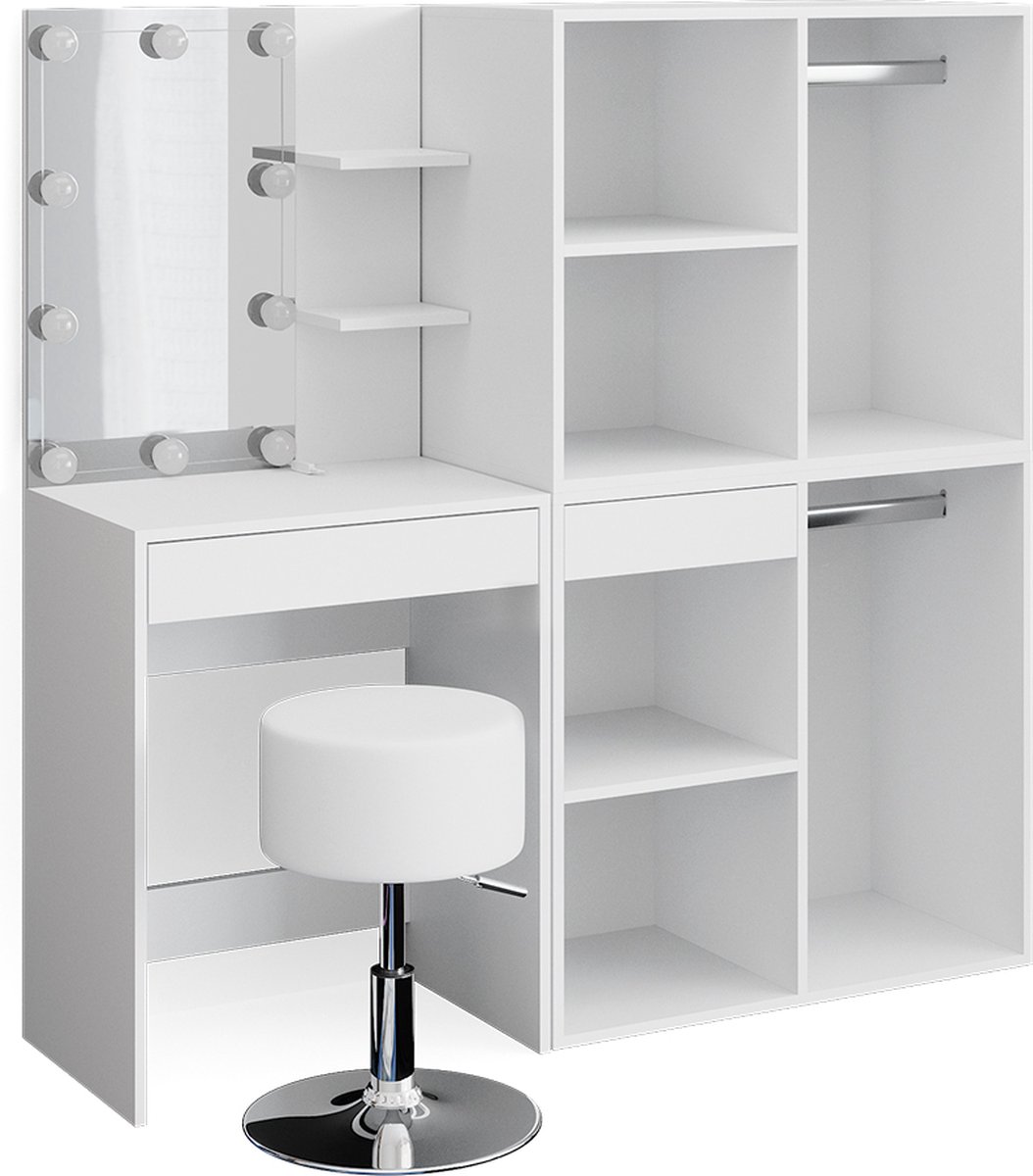 Vicco Kaptafel set met kruk Isabelle, Wit, 140 cm met spiegel, LED-lichtslinger, kruk en 2 aanbouwkasten