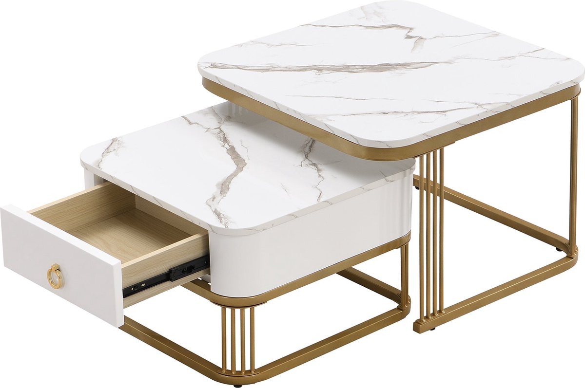 Merax Stapelbare Salontafel Set van 2 - Bijzettafel in Hoogglans Marmerlook met Gouden Poten - Salontafels met Lade - Wit met Goud