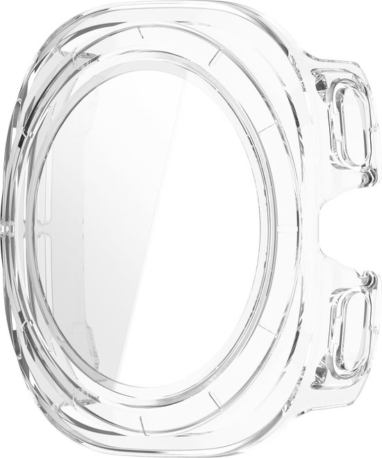 Transparante hardcase hoesje voor een smartwatch, rond ontwerp met knoppen aan de zijkant.