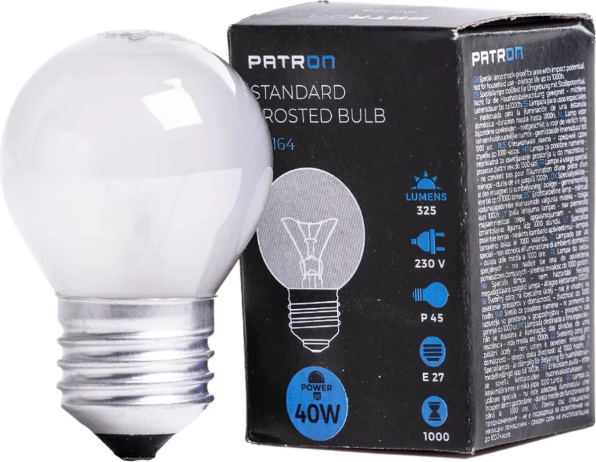 Patron E27 Kogel Gloeilamp | 40W 2700K 325Lm Mat | Dimbaar