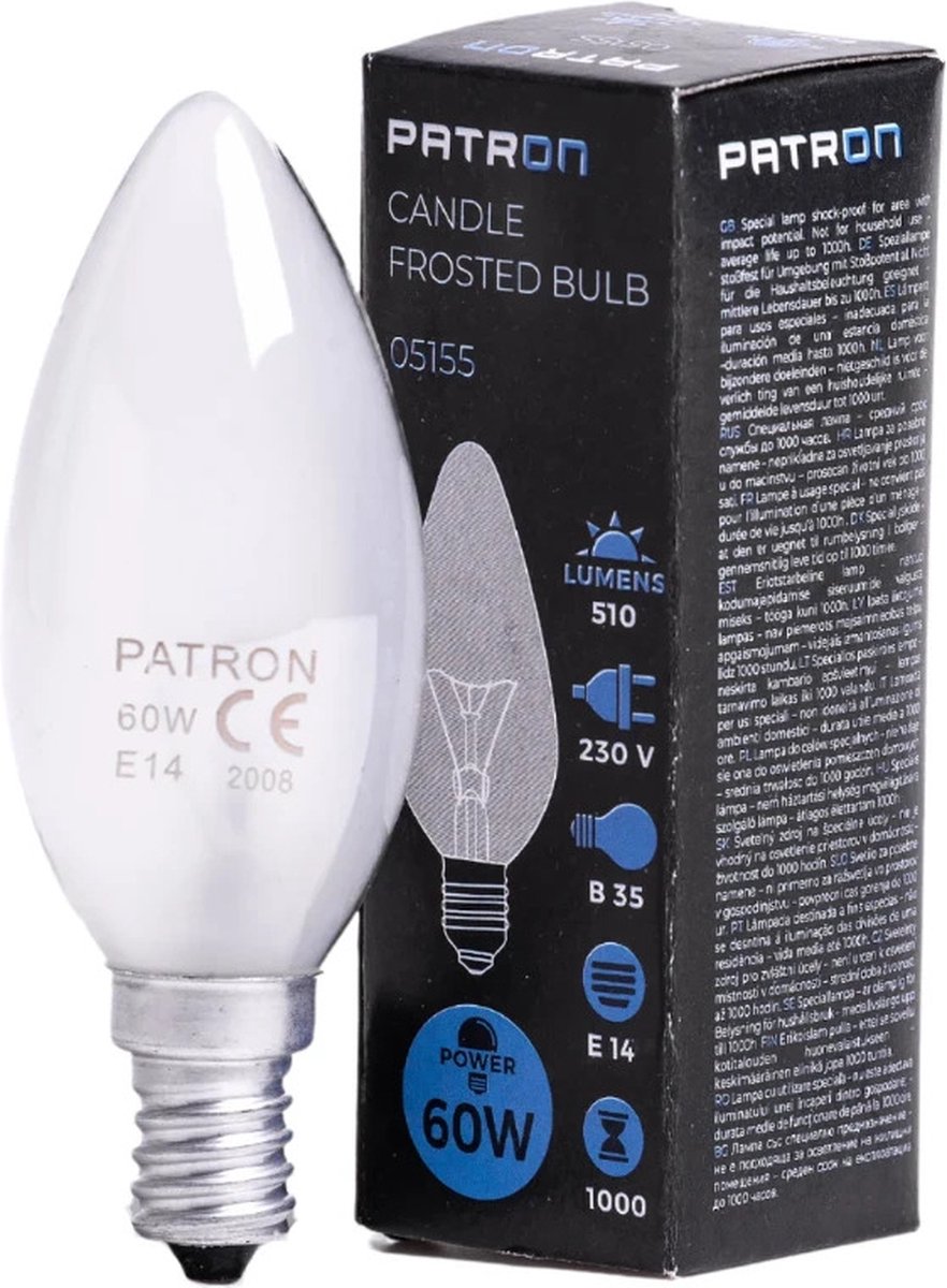 Patron E14 Kaars Gloeilamp | 60W 2700K 510Lm Mat | Dimbaar