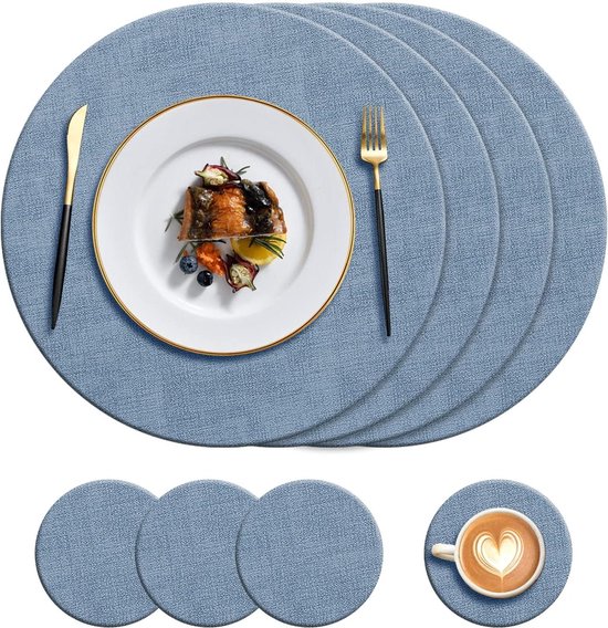 Foto: Round leather placemats and coasters set heat resistant 325 degree fahrenheit non slip waterproof easy to clean pu table mats for kitchen home restaurant dining table 8 pieces