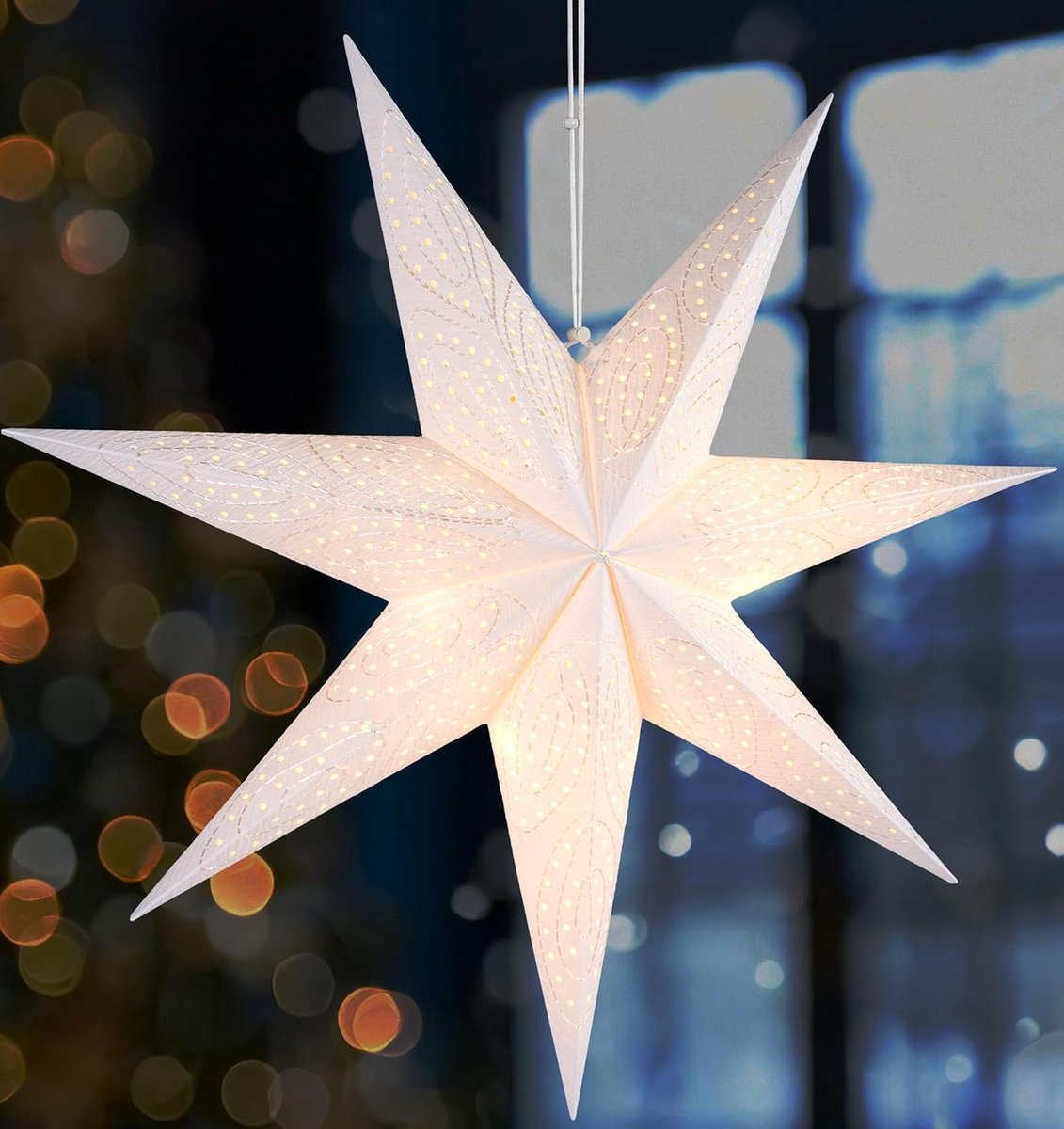 Brubaker 60 cm Papieren Kerstster om op te Hangen - Raam Adventster - 3D Papieren Ster met E14 Voet - Hangende Kerstdecoratie Lichtster met 3,5 m Kabel - Wit