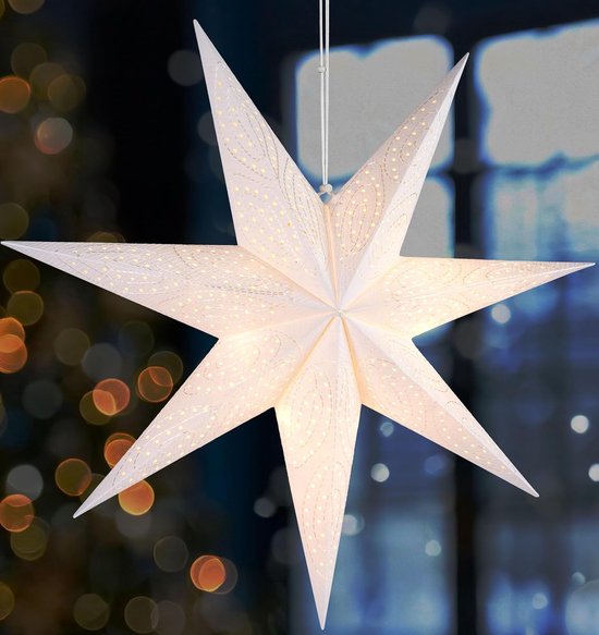 BRUBAKER 60 cm Papieren Kerstster om op te Hangen – Raam Adventster – 3D Papieren Ster met E14 Voet – Hangende Kerstdecoratie Lichtster met 3,5 m Kabel – Wit