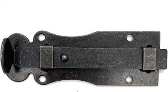 Zwart metalen schuifslot met een decoratief handvat en montagegaten.