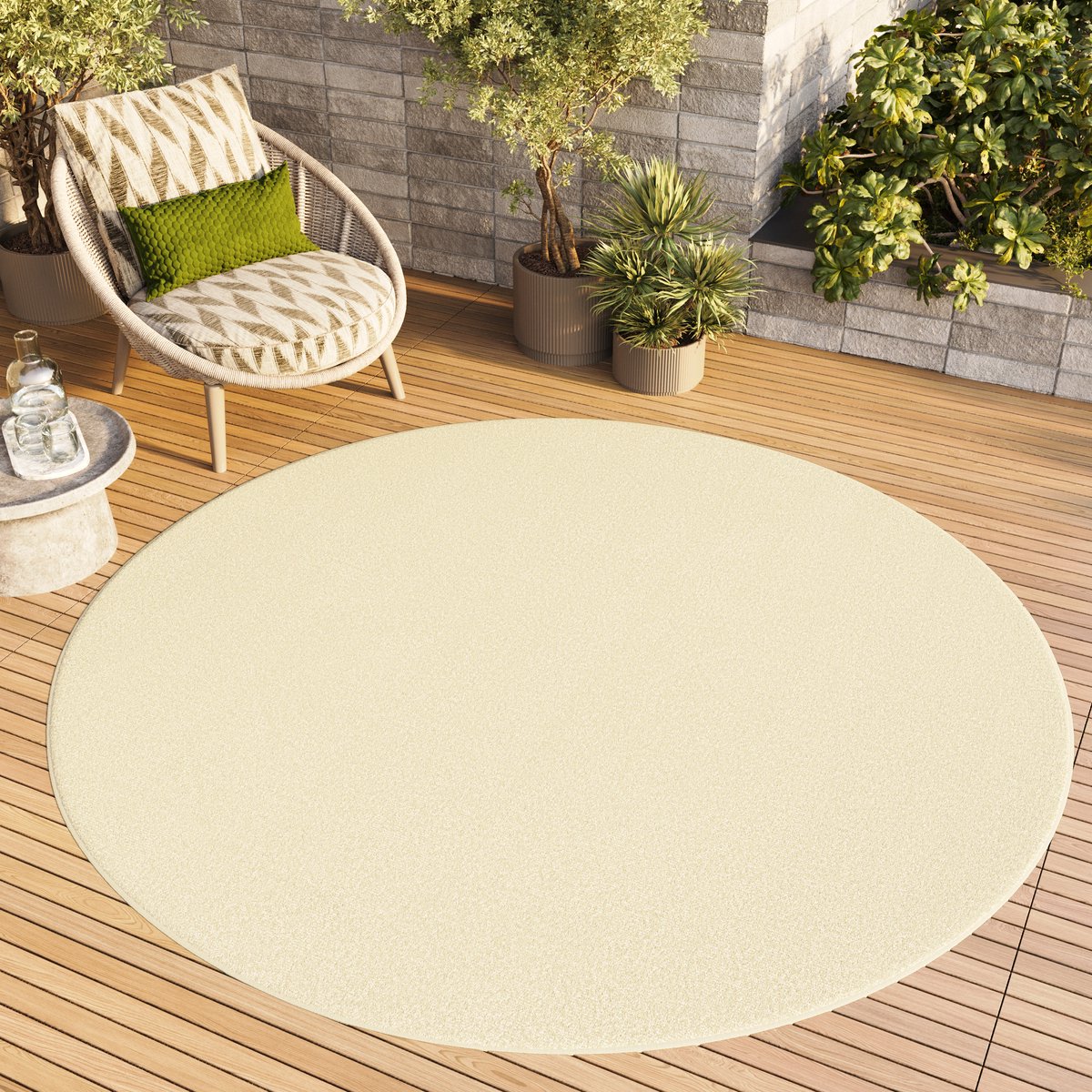 Tapiso Mono Rond Vloerkleed Creme Laagpolig Effen Tapijt Maat- 80x80