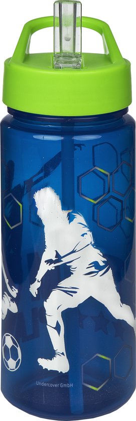 Blauwe drinkfles met witte voetbalafbeelding en groene dop.