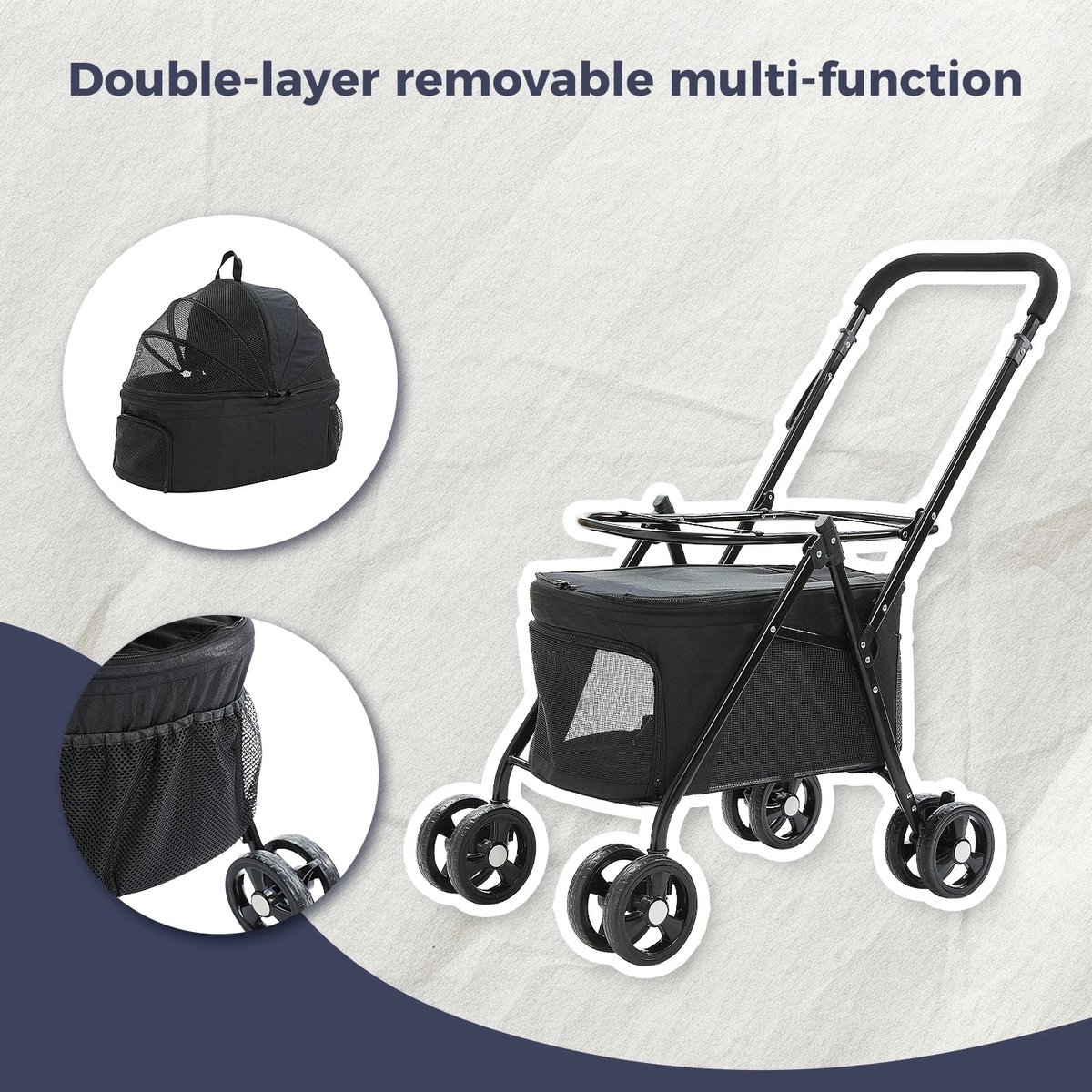 FANTASK Hondenwagen met 2 etages, met netvensters en bekerhouders, huisdierbuggy tot 16 kg, kattenbuggy voor 2 kleine honden en katten, hondenbuggy en aanhanger, blauw