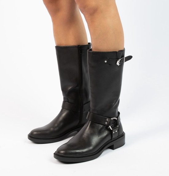 Manfield Dames Zwarte leren biker boots met zilverkleurige