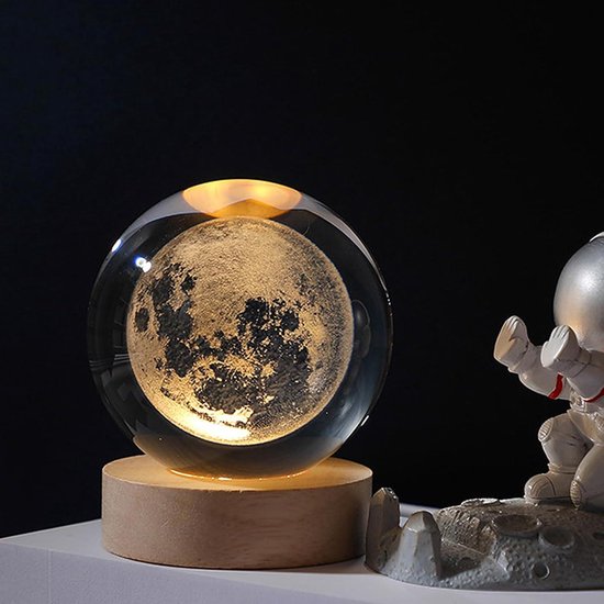 Lampe Boule Cristal 3D Système Solaire - Veilleuse LED, Base Bois, Ambiance Chaleureuse