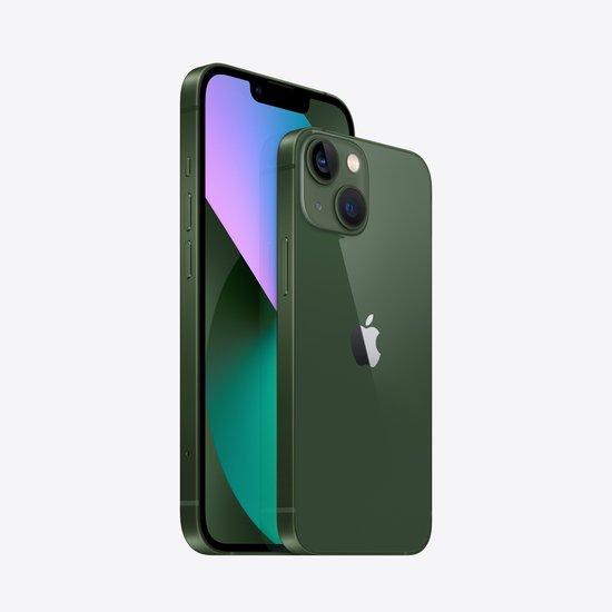 Groene iPhone 13 met dubbele camera en Apple logo, getoond naast een andere groene iPhone met scherm.