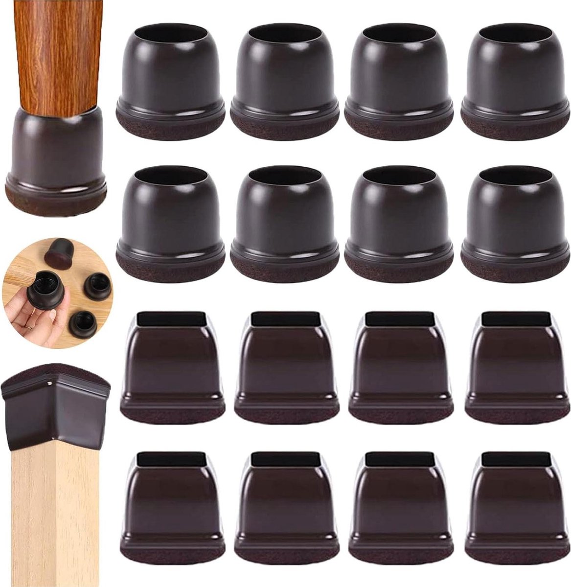 Stoelpoot Hoezen 16 Stuks Vierkant en Rond Bruin Silicone Stoelpootbeschermers Stoelpootkap Met Vilt Beschermt Tegen Krassen