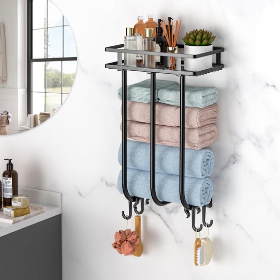 Handdoekhouder voor aan de muur, handdoekhouder met plank en 3 haken