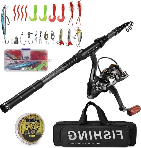 Achort Telescopische hengel, 1,8 m, draaibare haspel, draagbare set met lijn en kunstaas, accessoires en draagtas voor reizen, surfen, zout water