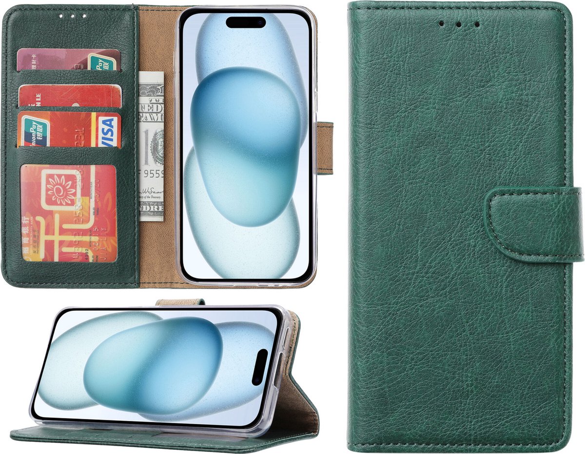 Hoesje geschikt voor iPhone 15 Plus - Bookcase - Pasjeshouder - Kunstleer - Groen