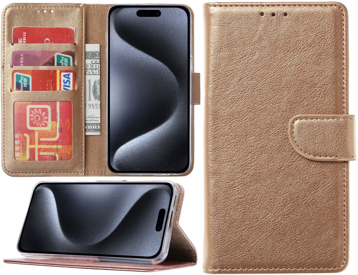 Hoesje geschikt voor iPhone 15 Pro Max - Bookcase - Pasjeshouder - Kunstleer - Goud
