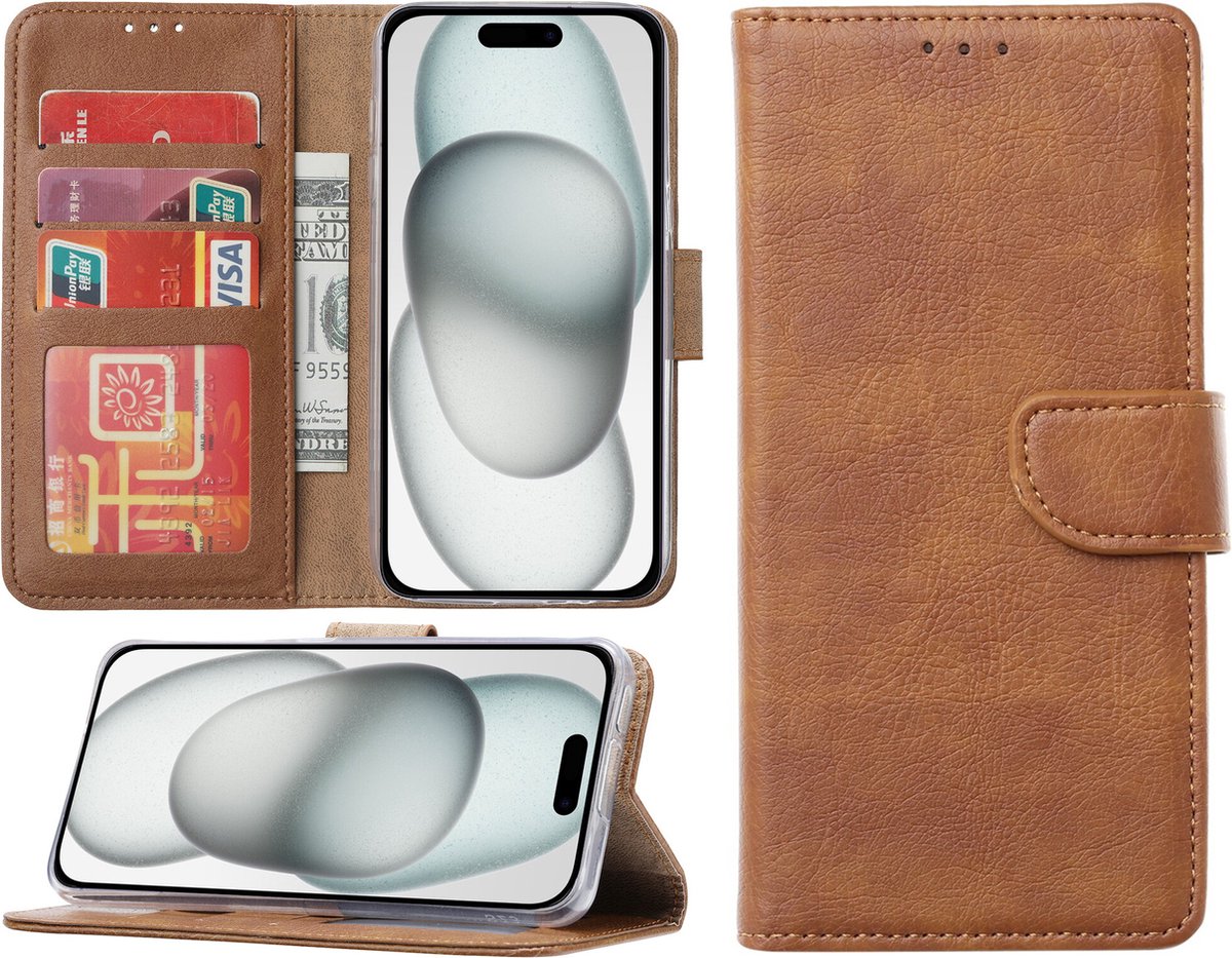 Hoesje geschikt voor iPhone 15 - Bookcase - Pasjeshouder - Kunstleer - Bruin