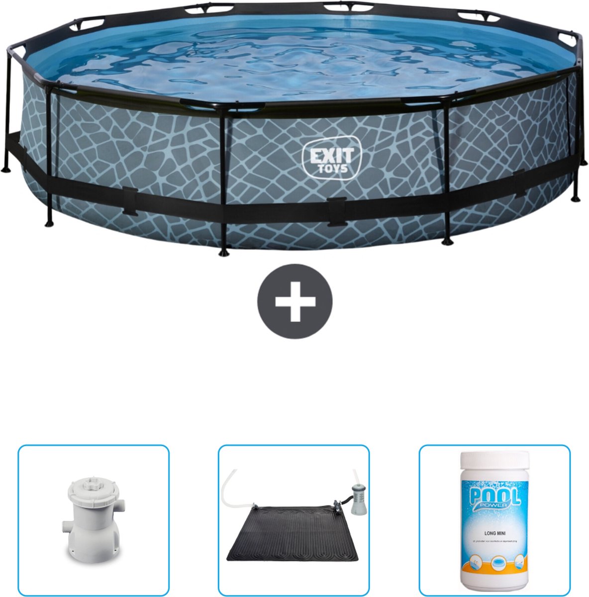 EXIT Rond Stone Frame Zwembad – 360 x 76 cm – Inclusief Pomp – Solar Mat – Chloor – Nu extra voordelig EXIT Rond Stone Frame Zwembad – 360 x 76 cm – Inclusief Pomp – Solar Mat – Chloor – Nu extra voordelig