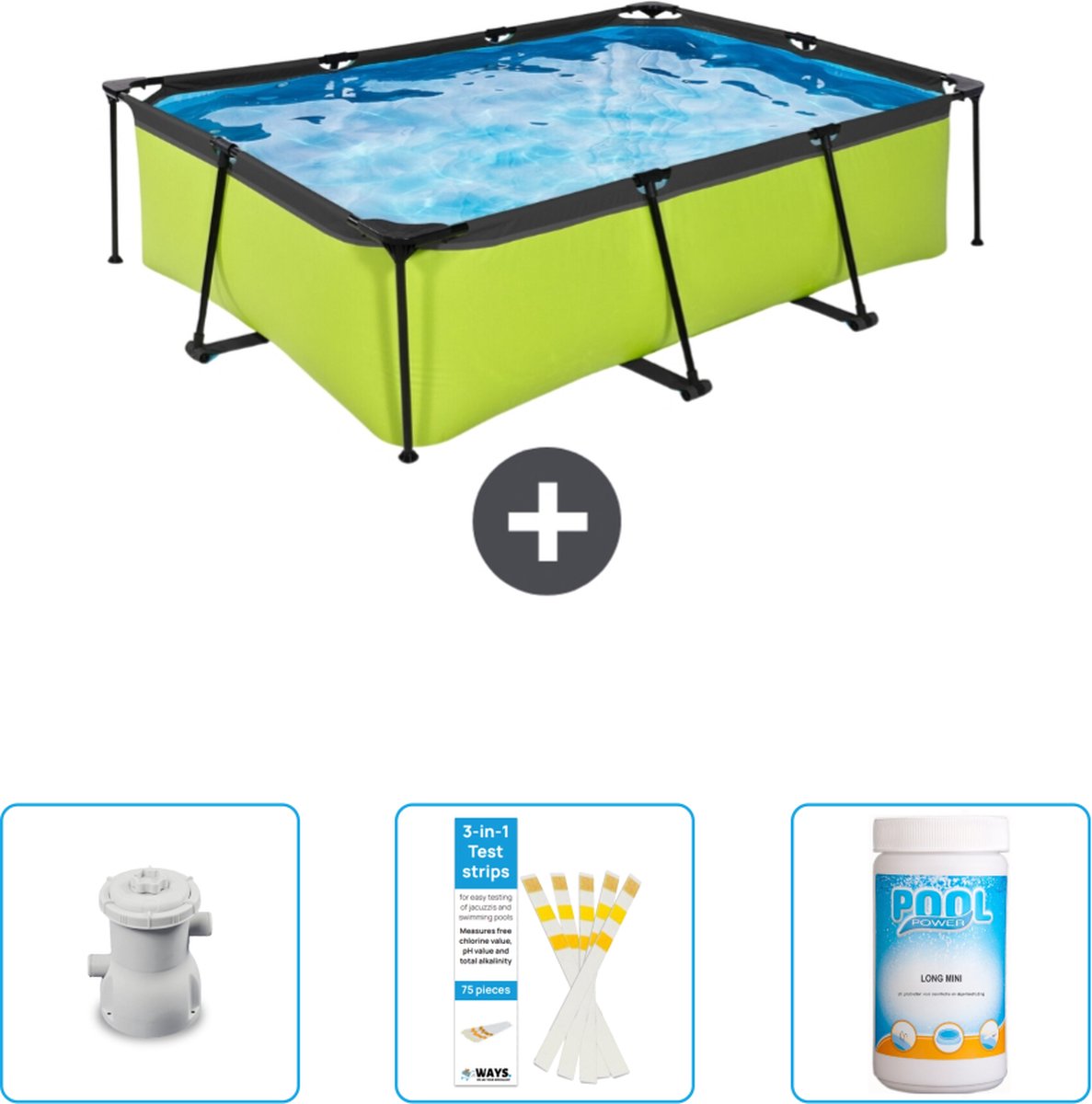 EXIT Rechthoekig Lime Frame Zwembad - 220 x 150 x 65 cm - Inclusief Pomp - Testrips - Chloor - Nu extra voordelig