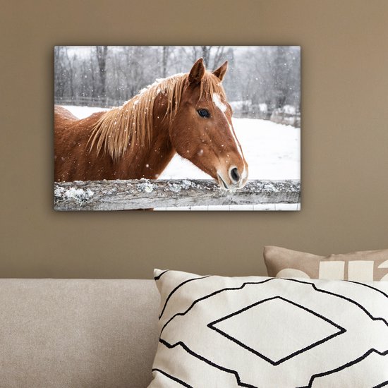 Tableau sur toile Cheval - Flocon de neige - Clôture - Hiver - 30x20 cm - Décoration murale