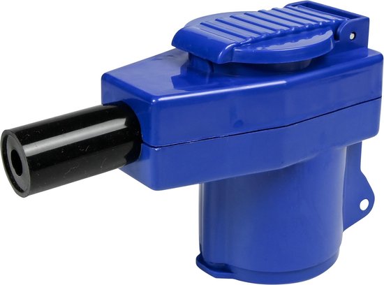 Blauwe haakse connector met een gesloten klep en ronde aansluiting.