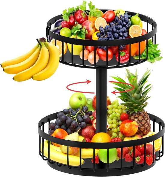 Cubesu Fruitetagère 2 etagère incl. bananenhouder - etagère fruit voor meer ruimte in de keuken - fruitschaal etagère 2 verdiepingen - decoratieve fruitmand