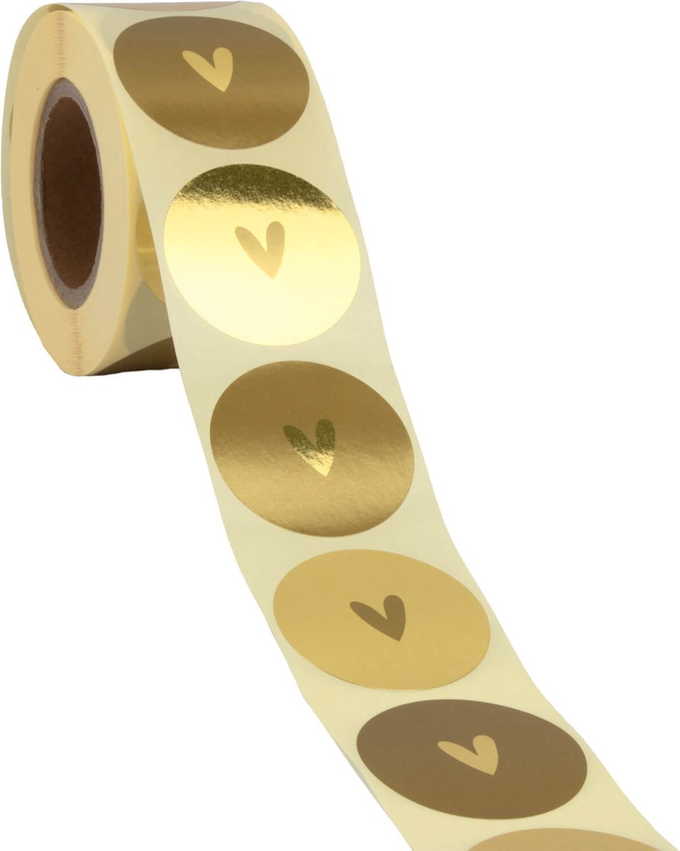 Cadeau stickers - 500 stuks - 'Hart' assorti Goud-Goud 40mm - Stickers volwassenen - Sluitstickers - Sluitzegel - Ronde stickers op rol