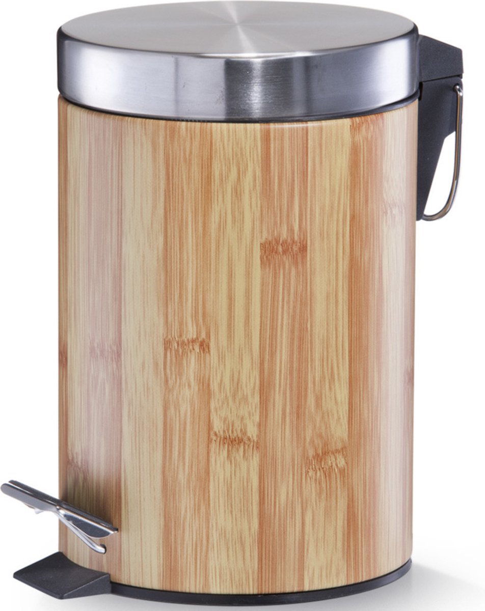 Goedkoopste Zeller kleine pedaalemmer - badkamer/toilet - 3 liter - houtprint - lichtbruin/zilver - 17 x 26 cm