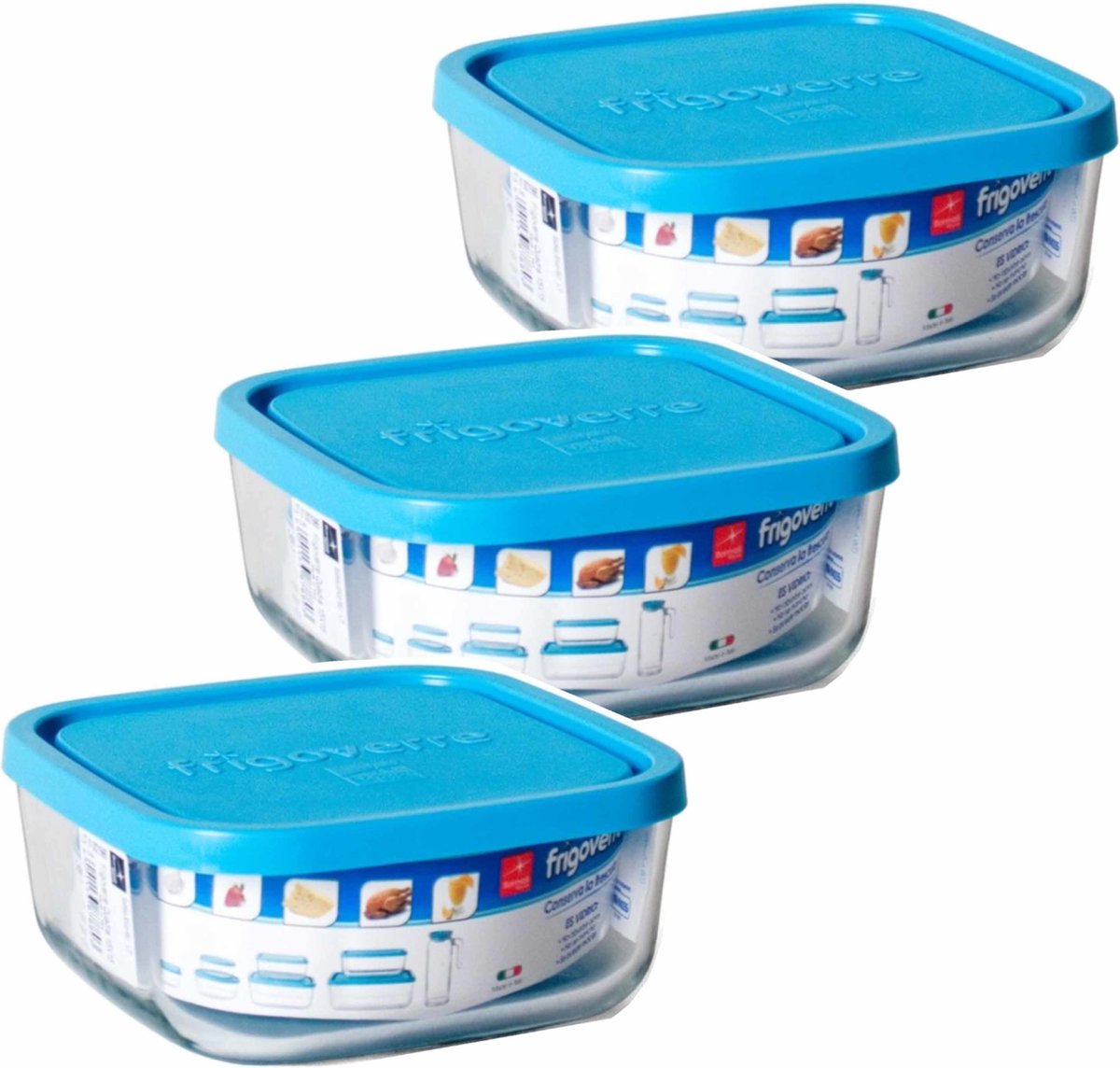 Bormioli Rocco Bewaarbakje/vershoudbakje Vigo - 3x - glas - vierkant - met deksel - 2 liter - meal prep