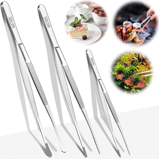 Set van 3 keukenpincetten van 30cm*2 & 12cm, professionele kookpincet, keukengereedschap, grillen, keukenpincet, roestvrij staal, duurzaam vlees grillpincet, pincet voor koken, repareren, zeevruchten