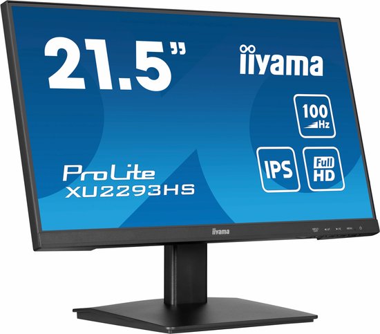 Schuine weergave van een 21.5-inch Full HD IPS monitor van 'iiyama', met 100 Hz.
