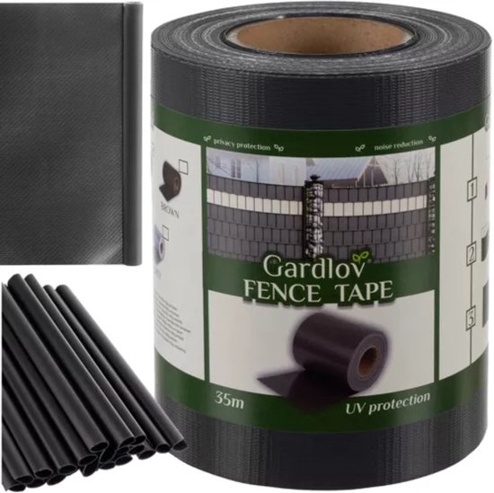 Rol donkerbruin vlechtband met "Gardlov FENCE TAPE" logo, 35m, UV-bescherming.