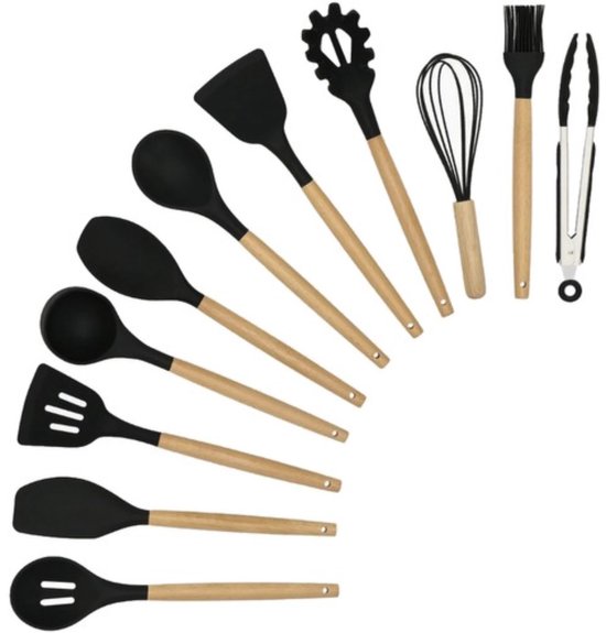 Ustensiles de cuisine noirs en silicone avec manches en bois : spatules, cuillère, louche, fouet, cuillère à pâtes, pinceau et pince.