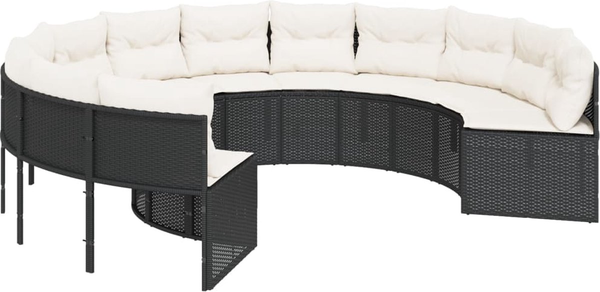 vidaXL Tuinbank - met - kussens - rond - poly - rattan - zwart