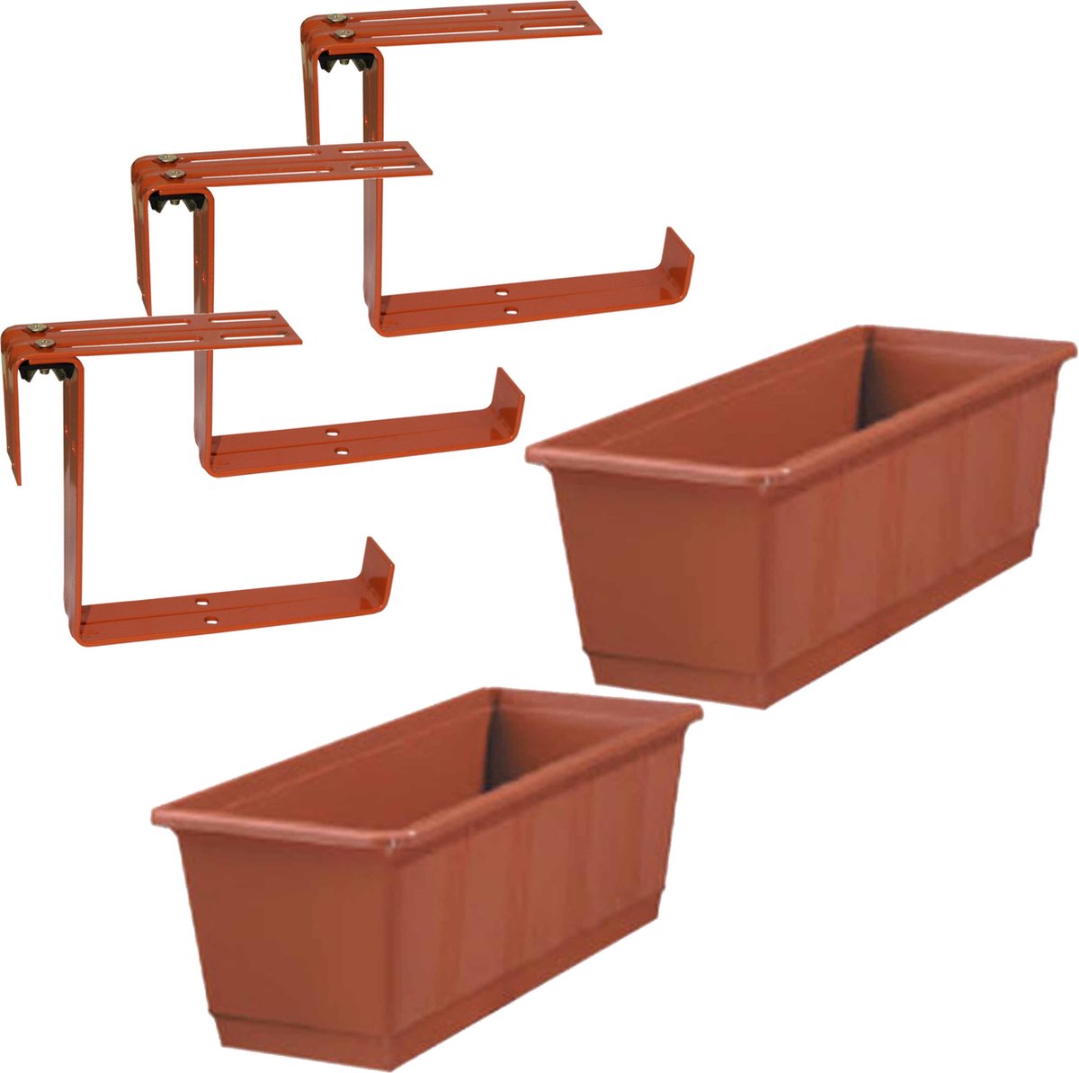 Geli Set 3 kunststof plantenbakken terracotta rechthoekig 40 cm - 6 verstelbare railingbeugels - metaal - geschikt voor balkon