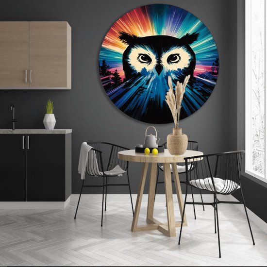 Uil muurcirkel - Dieren schilderij - Wanddecoratie rond Kleuren - Muurdecoratie landelijk - Schilderij rond - Wanddecoratie slaapkamer muurcirkel aluminium 50x50 cm