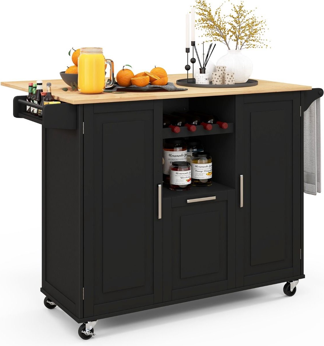 Bol.com Keukeneiland - Verplaatsbaar - Keukenkast - Dressoir - Organizer - Kasten - Houten Werkblad - Lade - Zwart aanbieding