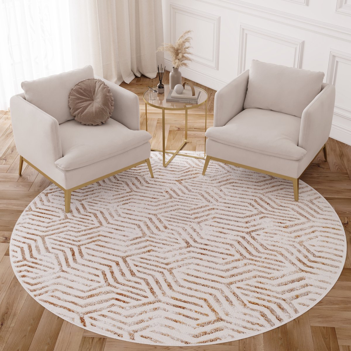 Tapiso Crystal Rond Vloerkleed Beige Bruin Laagpolig Lijnen Tapijt Maat- 240x240 Beige Bruin 2