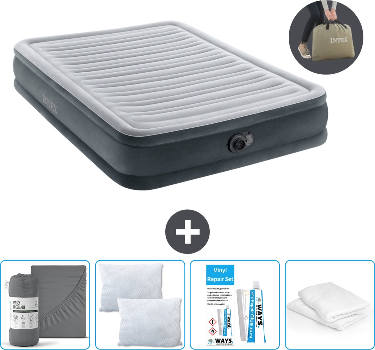 Intex Luchtbedset - Twijfelaar - 137 x 191 x 33 cm - Grijs - Met Ingebouwde pomp + Hoeslaken Antraciet + Kussen + Molton 2 in 1 Kussenslopen + Reparatieset