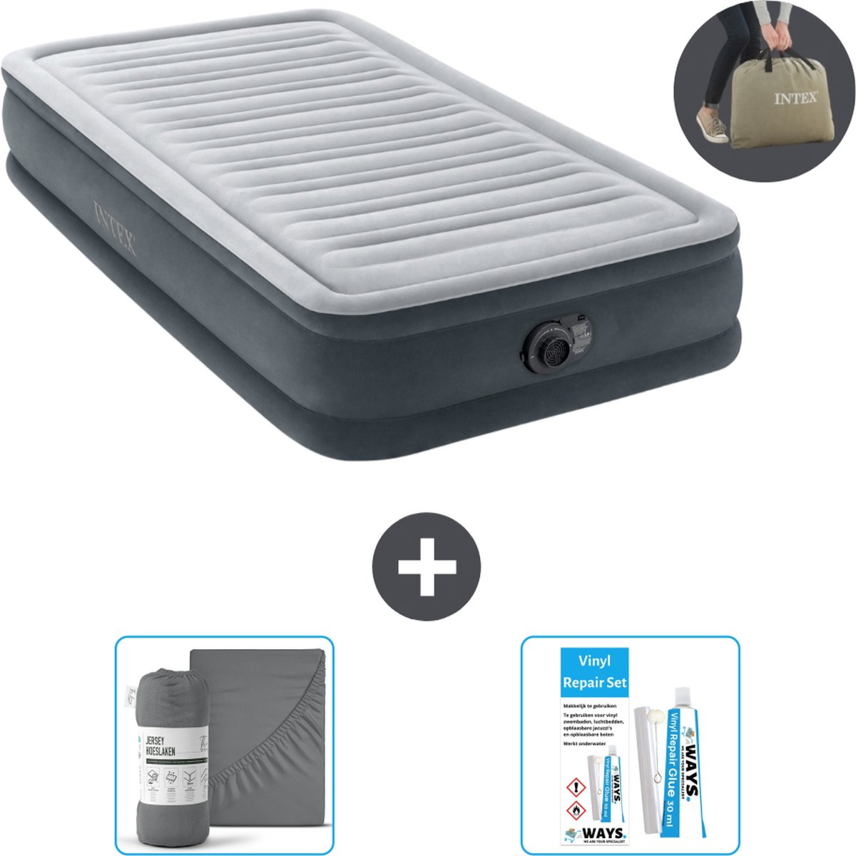 Intex Luchtbedset- 1-Persoons - 99 x 191 x 33 cm - Grijs - Met Ingebouwde pomp + Hoeslaken Antraciet + Reparatieset