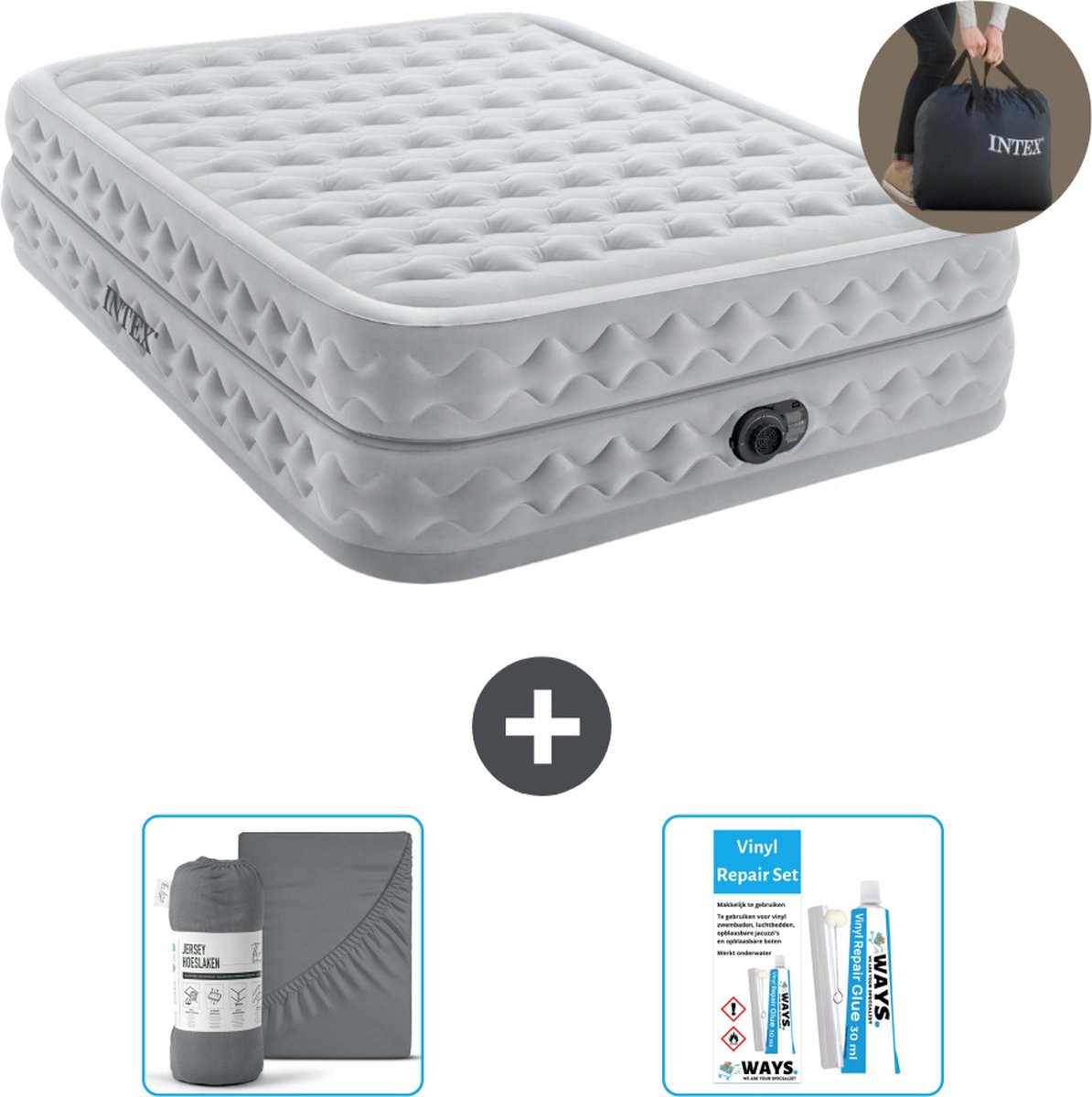 Intex Luchtbed - 2-Persoons - 152 x 203 x 51 cm - Grijs - Met ingebouwde pomp Hoeslaken Antraciet en Reparatieset