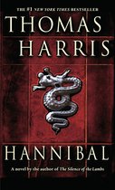De cover van het boek "Hannibal" van Thomas Harris met een zilveren draak op een rode achtergrond.