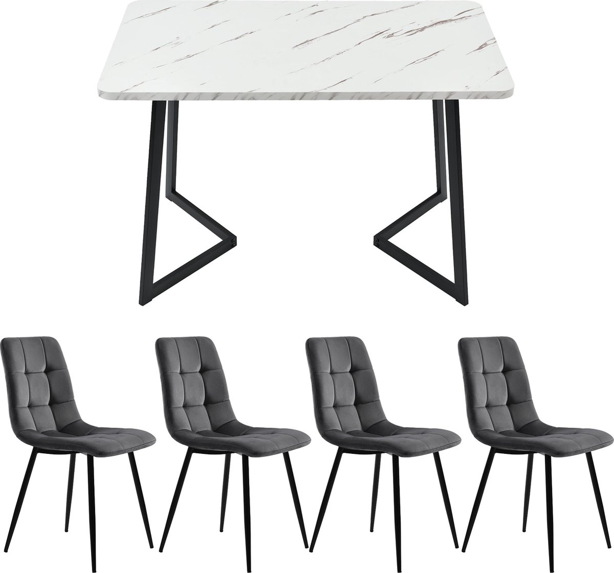 Merax Eettafelset 5-delig – Wit Marmerlook Eettafel – 4 Grijze Velvet Eetkamerstoelen - Zwarte Metalen Poten