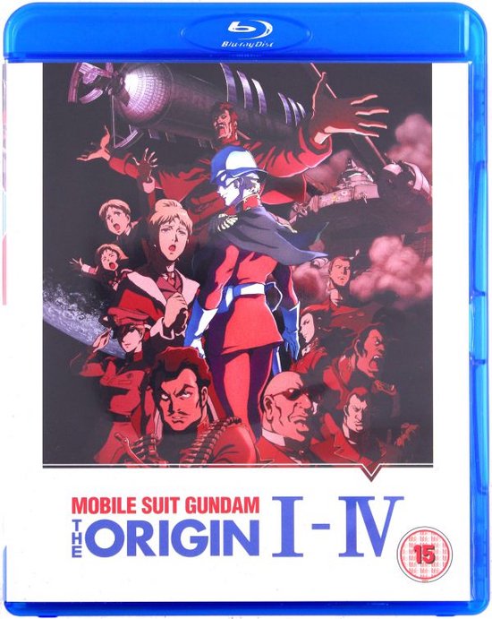 Blu-ray hoes met de titel 'Mobile Suit Gundam: The Origin I-IV' en een groep personages in rode uniformen.