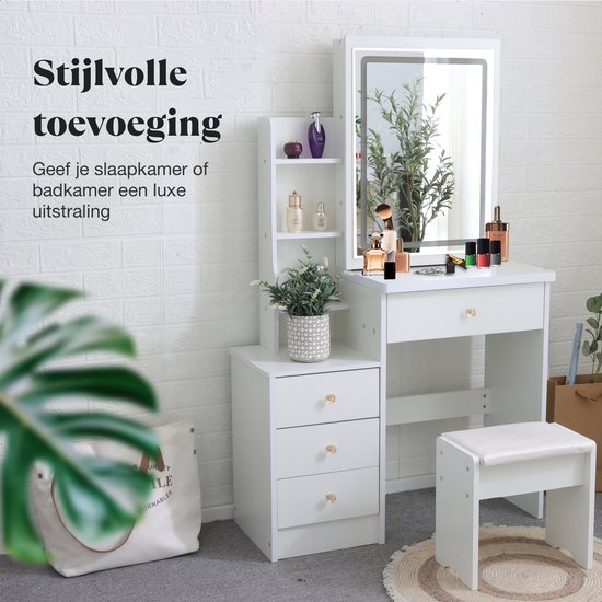 Moderne zwarte kaptafel set met verstelbare helderheid spiegel en gewatteerde kruk make-up kaptafel met 5 schuifladen voor make-up make-up
