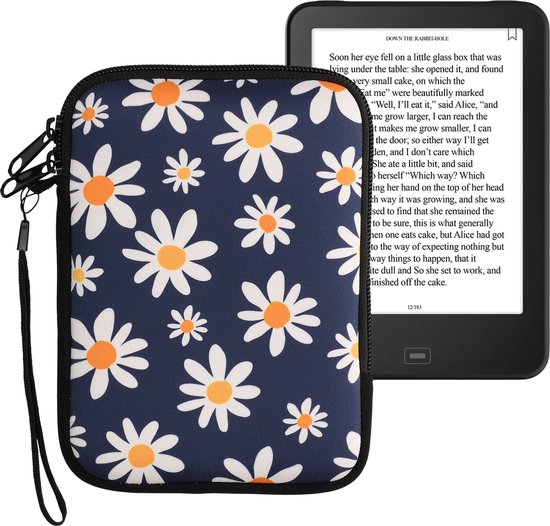 kwmobile Universele Cover voor eReader - Neopreen hoesje Madeliefjes design blauw / wit / geel - 17 x 12 x 2 cm